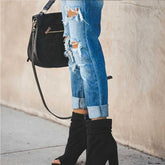 Womenmid rise straight leg ripped jeans cuffed jeans with holes